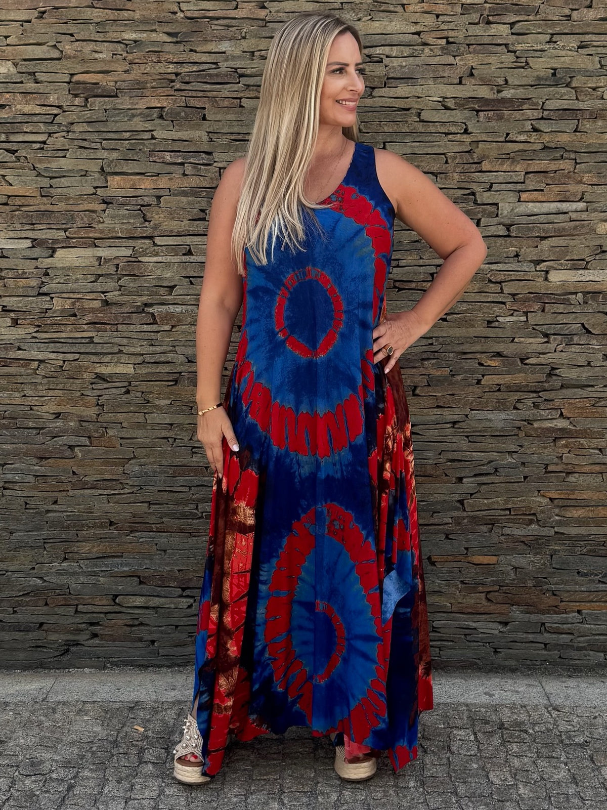 Vestido Longo Tie Dye Vermelho/Azul