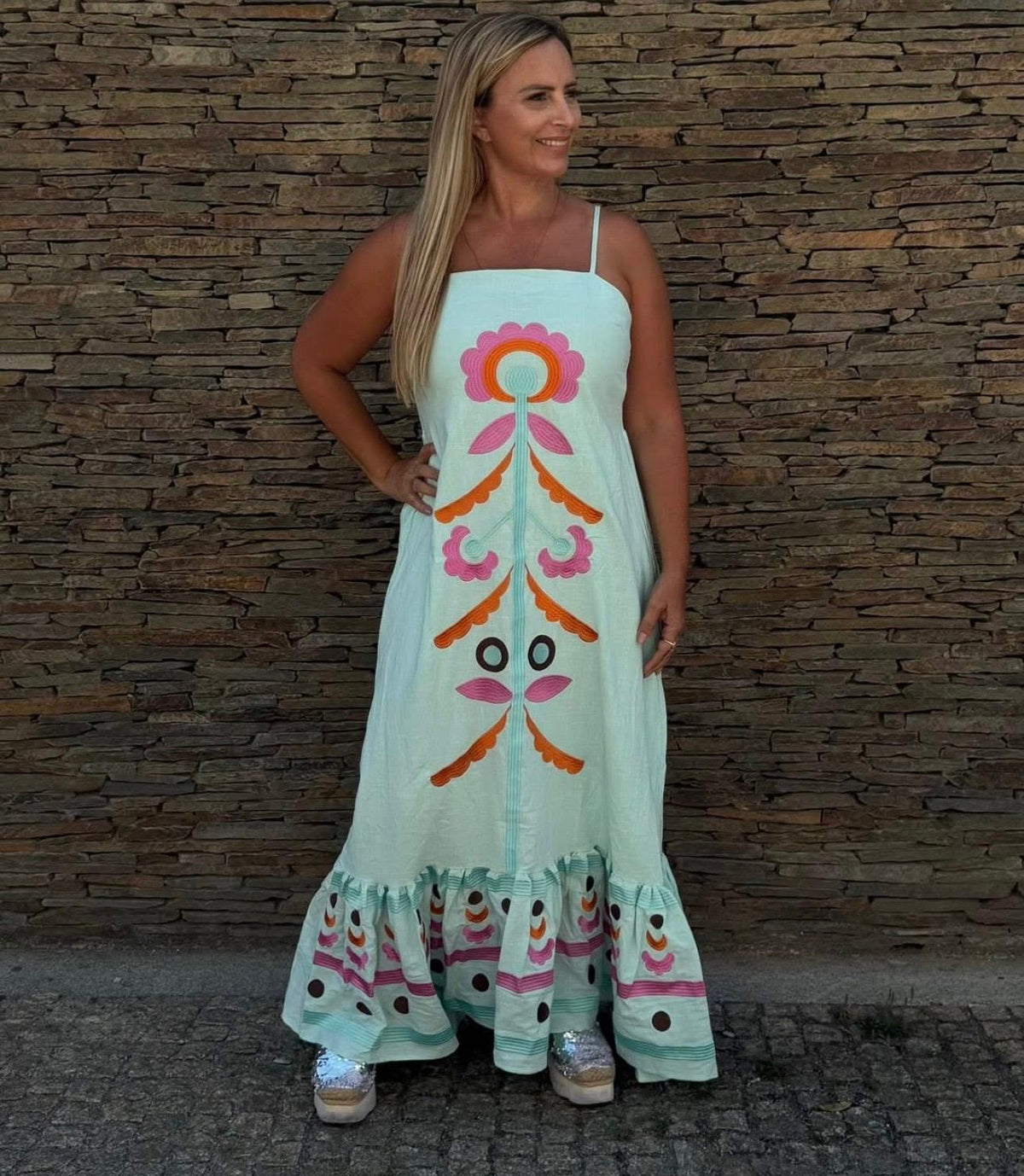 Vestido verde água com Flor Cuore