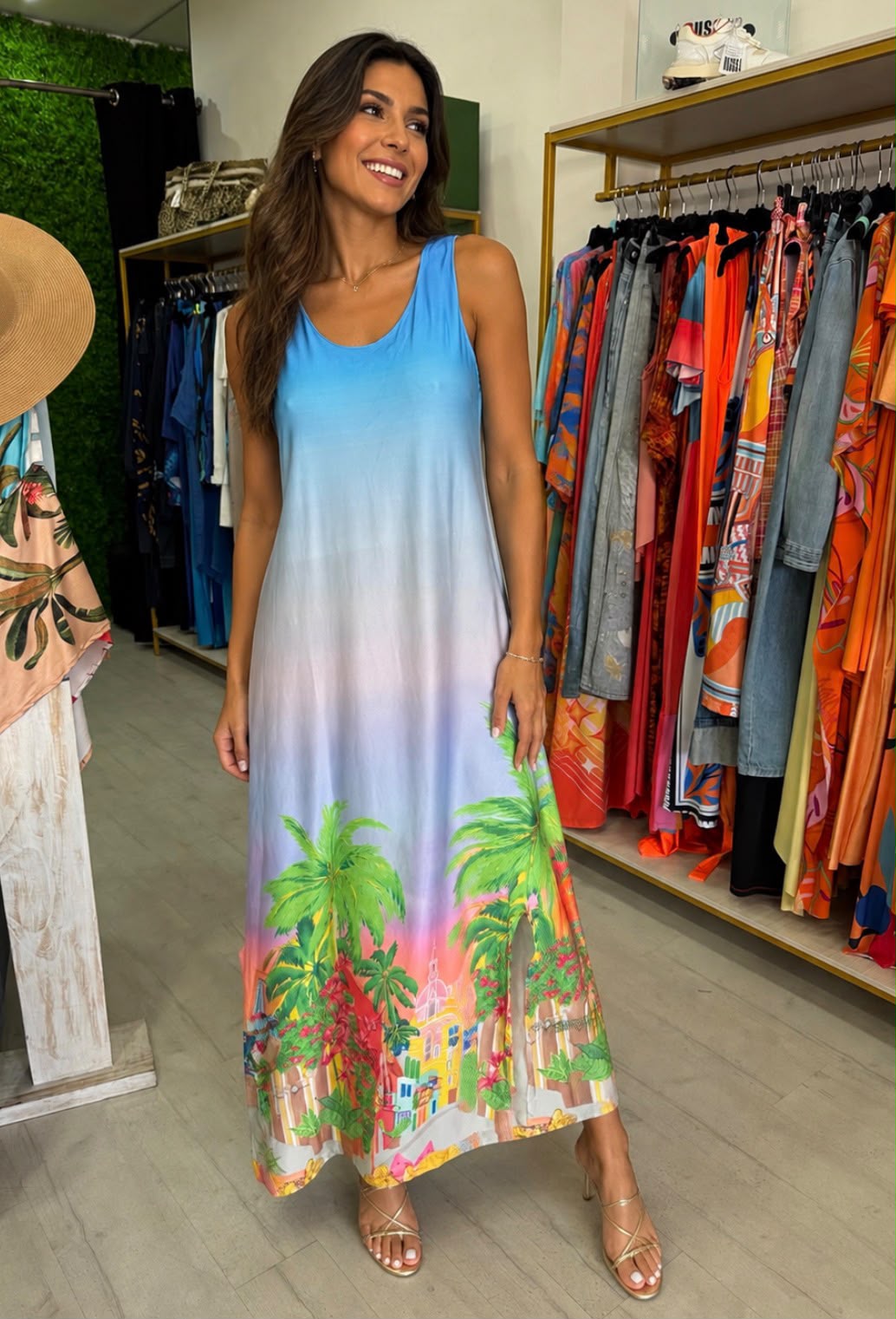 Vestido Azul com Palmeiras Cuore