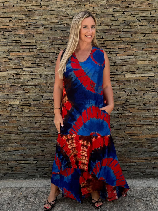 Vestido Tie Dye Vermelho/Azul com Folho