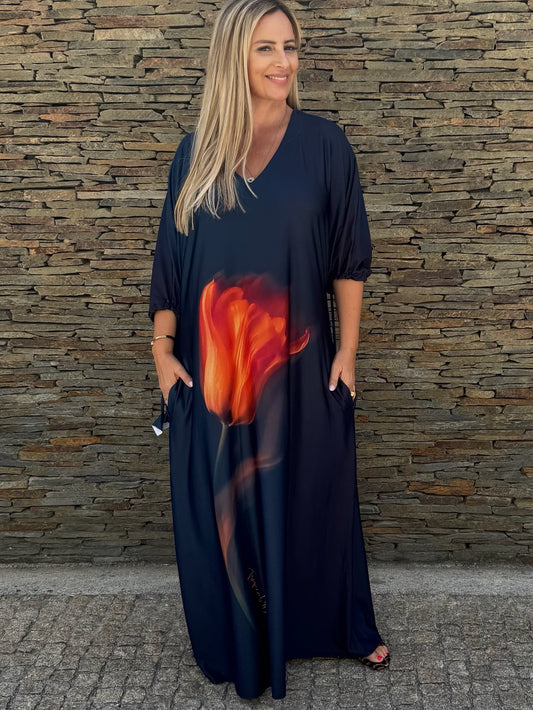 Vestido Longo Tulipa Marinho (Manga Ajustável)