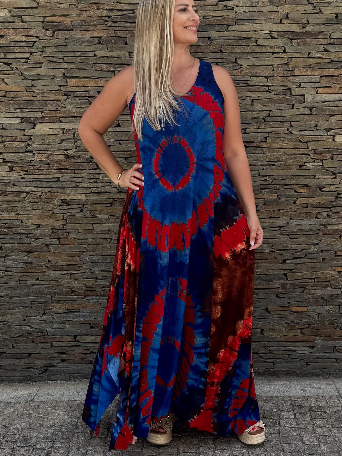 Vestido Longo Tie Dye Vermelho/Azul