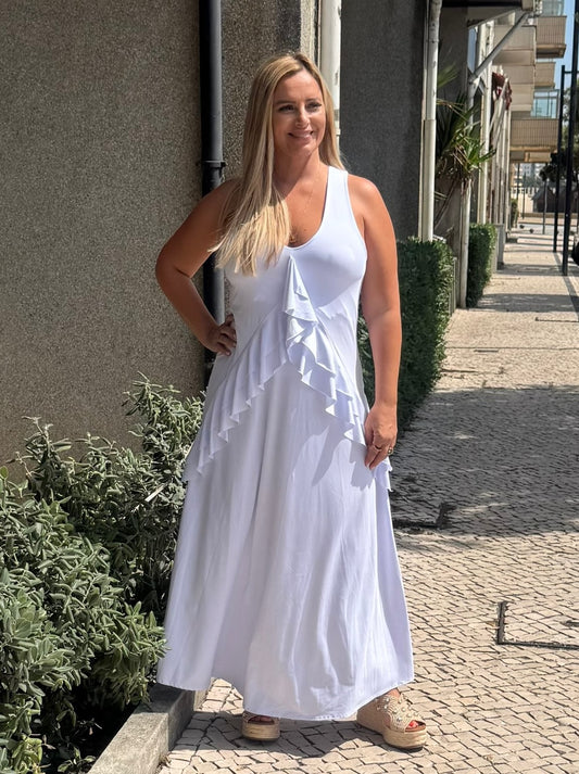 Vestido Longo Branco com Folho Duplo Tropical Brasil