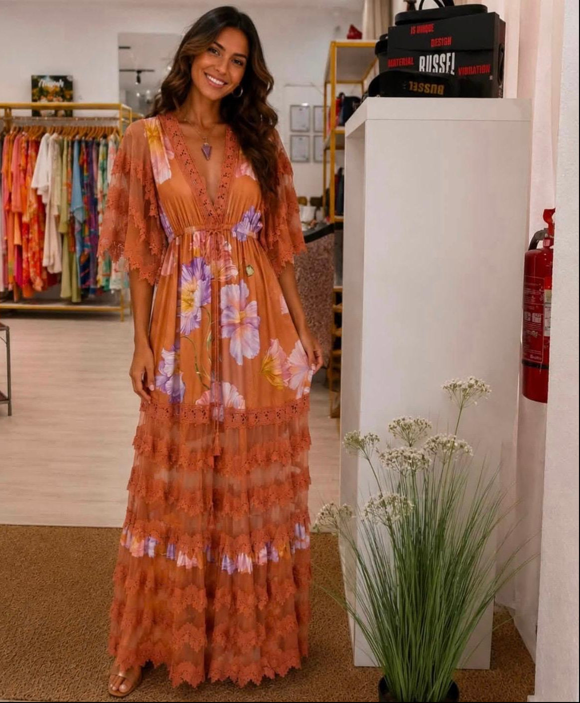 Vestido com renda castanho Cuore