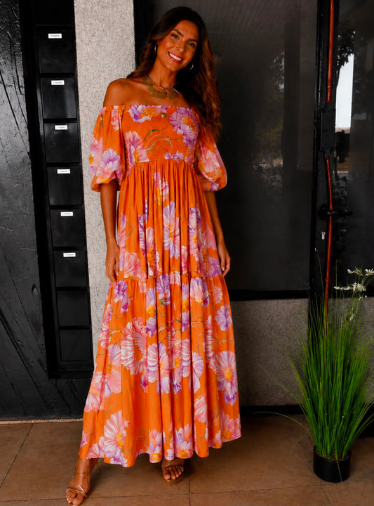 Vestido castanho com flores Cuore
