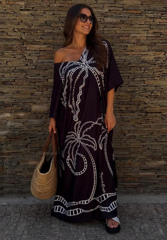 Vestido Preto Palmeiras Tropical Brasil