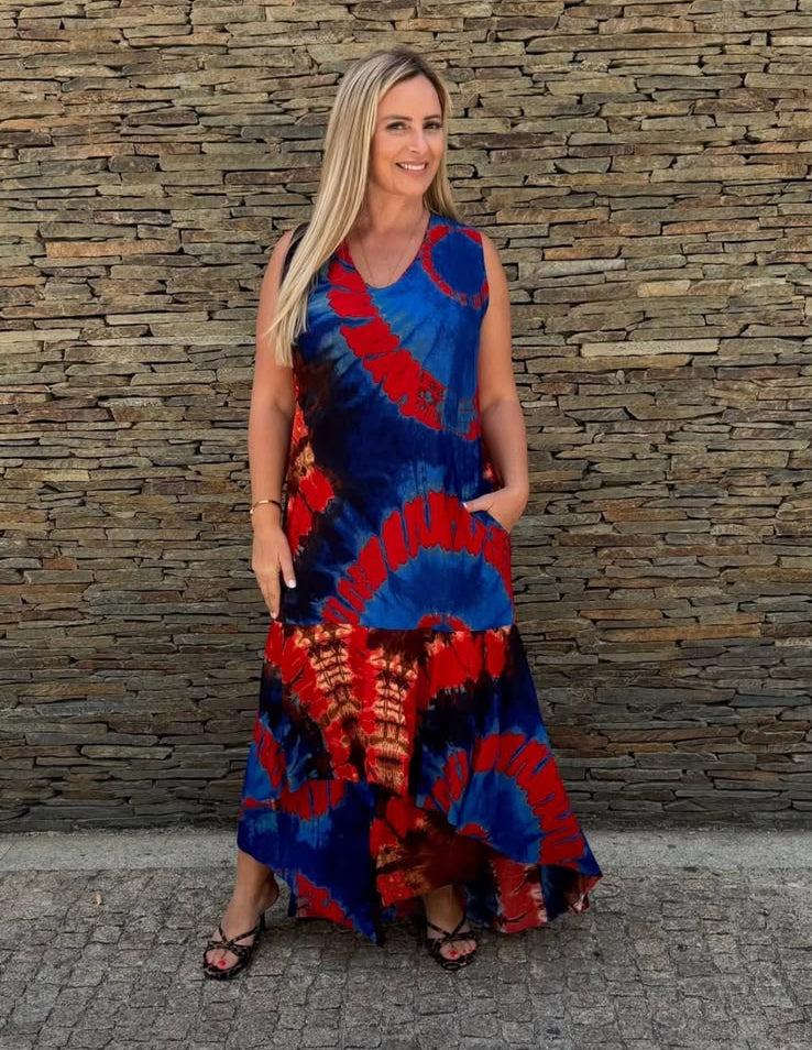 Vestido azul e vermelho Tropical Brasil