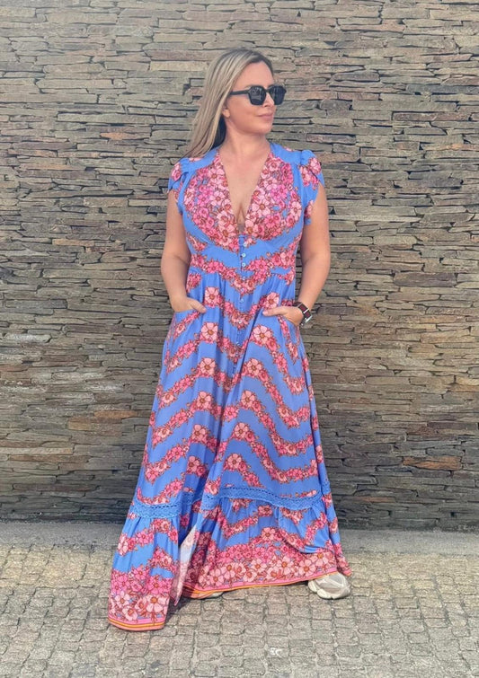 Vestido Azul com flores Cuore