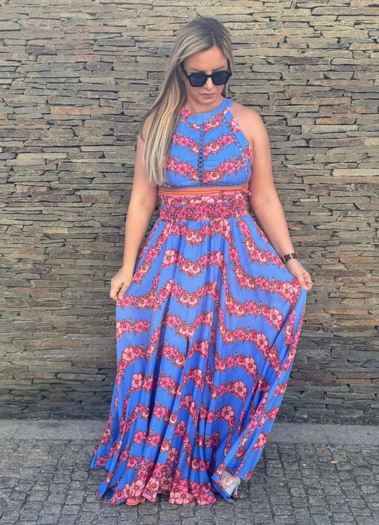 Vestido Azul com flores Cuore