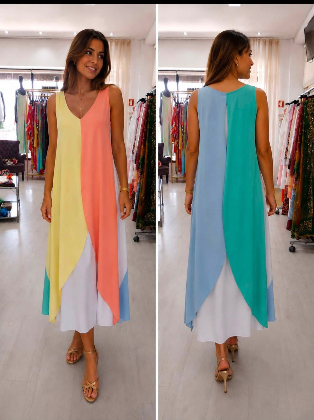 Vestido branco com sobreposição colorida Tropical Brasil